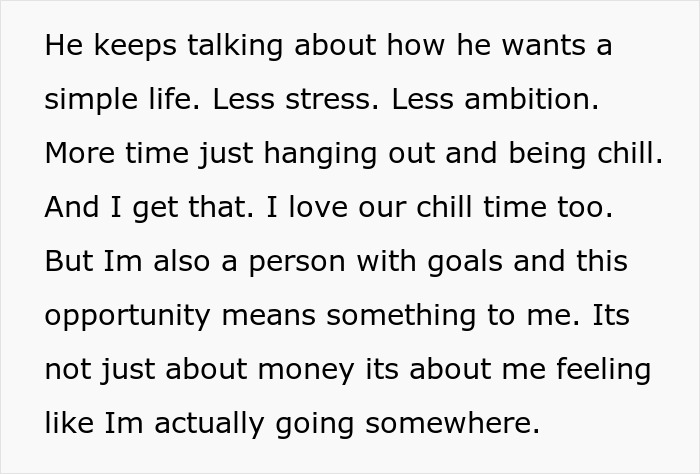 Text excerpt showing a woman explaining her success and ambition being a direct threat to the life her boyfriend pictured.