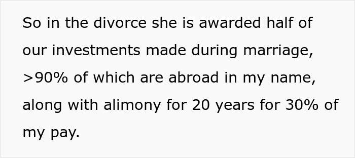 Text discussing a bitter divorce settlement where the woman&rsquo;s easy-going lifestyle ends after her husband discovers her affair.