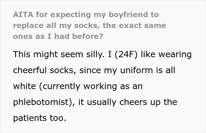 Text excerpt about a woman&rsquo;s fun sock collection and her expectation for her boyfriend to replace them exactly.