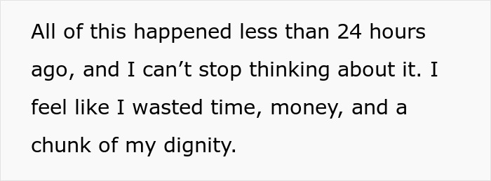 Text excerpt showing regret after traveling long distance to meet woman met online, describing wasted time, money, and dignity. Text excerpt showing regret after traveling long distance to meet woman met online, describing wasted time, money, and dignity.