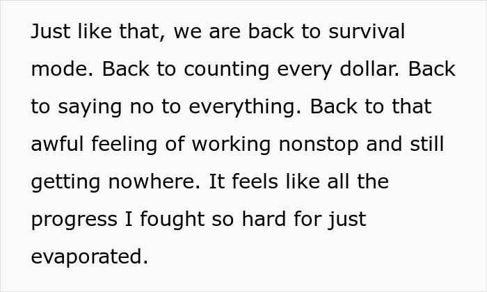 Text excerpt describing financial stress and survival mode after a man&rsquo;s $500 insurance hike impacts his fianc&eacute;e.