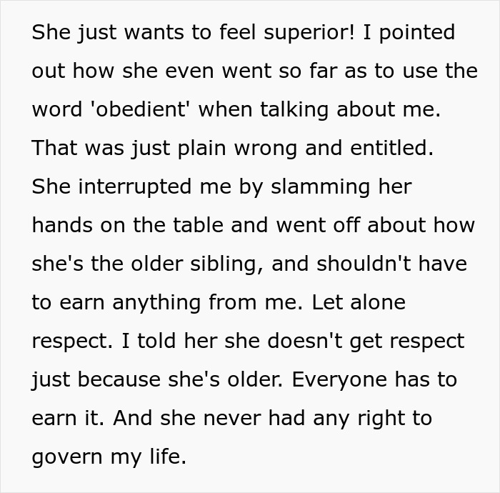 Text excerpt showing a woman upset over brother meddling with her parenting and demanding respect as older sibling.