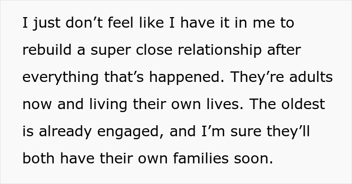 Text excerpt showing feelings about a broken relationship with stepdaughters amid cheating and lies affecting closeness.