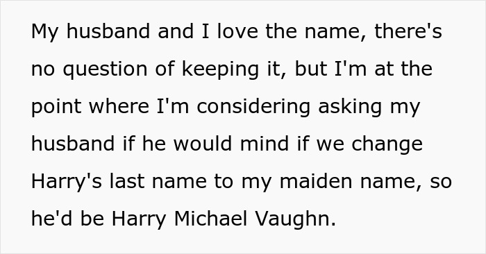 Text about considering changing Harry's last name to maiden name, related to naming son Harry Potter.
