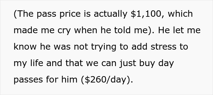 Woman panics after partner who makes 5x her salary leaves son without an expensive ski pass, causing stress and financial worry.