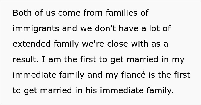 Text excerpt about families of immigrants and being first to marry in immediate family shared by attention-seeking mom wanting daughter in same dress as bride.
