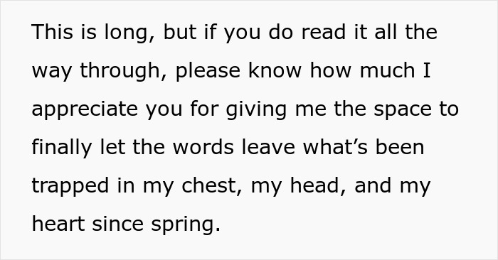 Text excerpt expressing deep gratitude for space to share feelings trapped since spring after postpartum boundary struggles.