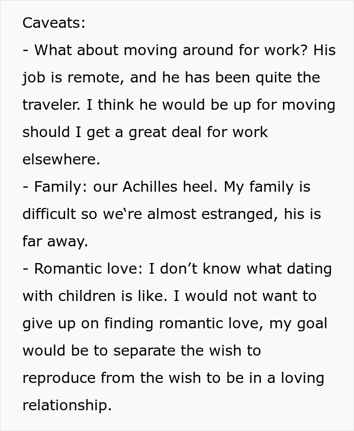 Text discussing caveats and challenges of platonic co-parenting, including work moves, family issues, and romantic love concerns.