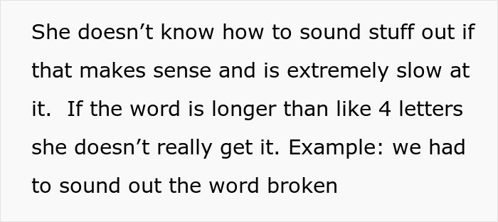 Text excerpt discussing challenges in teaching a grandkid to read, highlighting slow word-sounding skills.