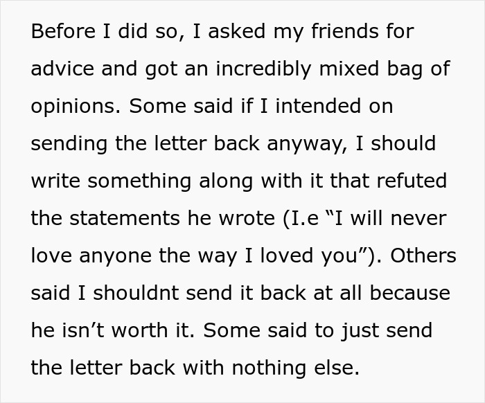 Text discussing mixed advice from friends about sending a letter back after a cheater breaks heart and vanishes.