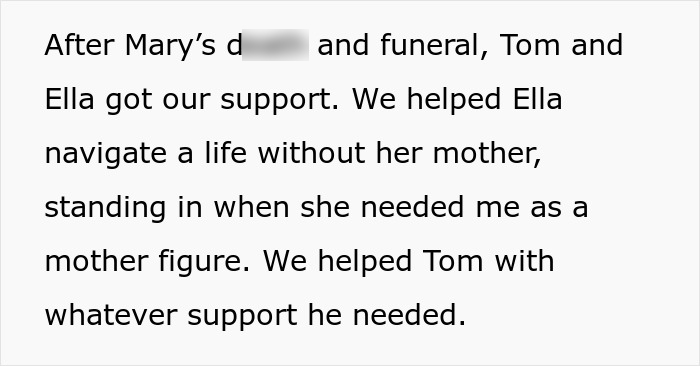Text excerpt discussing support given to Ella and Tom after Mary's death, highlighting role as a mother figure and emotional support.