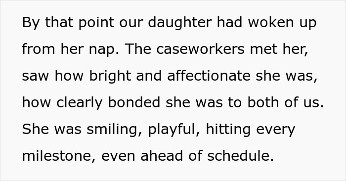 Text excerpt showing caseworkers meeting a daughter who is bright, affectionate, and hitting postpartum milestones on schedule.