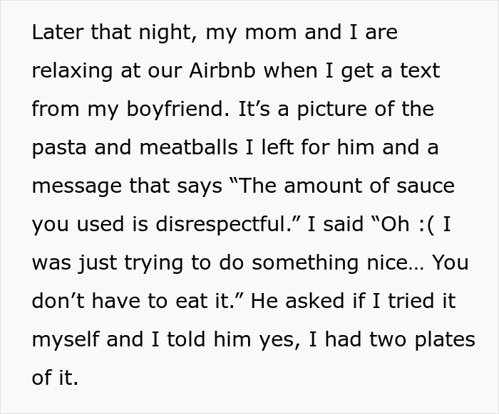 Text message exchange showing a woman&rsquo;s leftover pasta and meatballs criticized as inedible by her boyfriend in mourning.