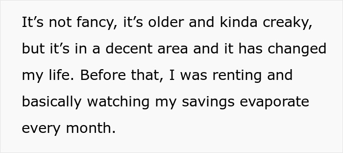 Text excerpt about owning an older house in a decent area, contrasting with renting and losing savings each month.