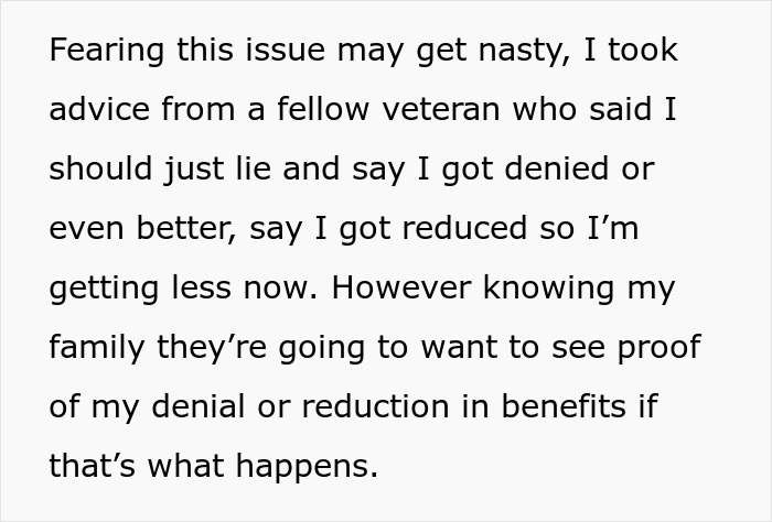 Text about a veteran discussing rent payment issues as his veteran bro&rsquo;s pay increases and the tension over duty.