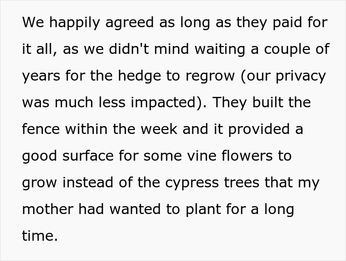 Text excerpt describing neighbors forcing hedge trimming, with mention of privacy and malicious compliance involving a living hedge.