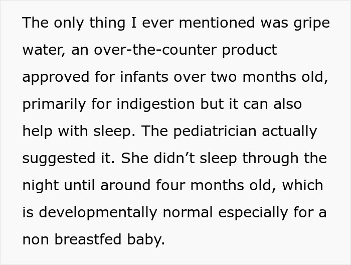 Text excerpt discussing gripe water, infant sleep patterns, and postpartum boundaries challenges shared by a mother.