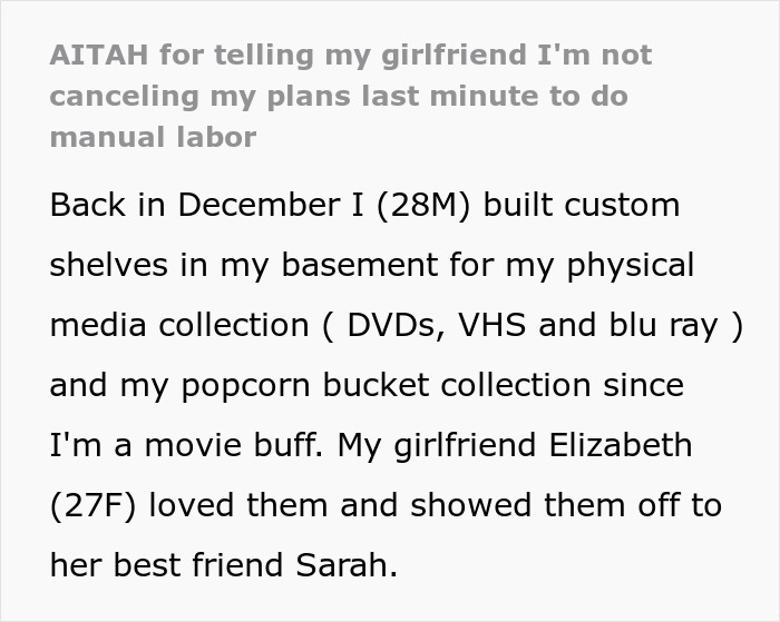 Text post describing a woman volunteering her boyfriend for free labor and acting insulted when he refuses.