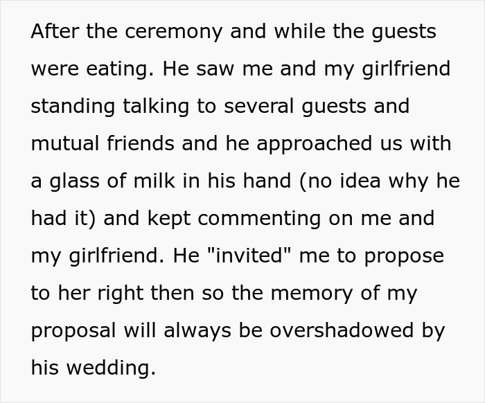 Text describing a groom pranking his brother-in-law’s girlfriend during the wedding reception instead of enjoying the event.