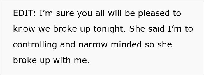 Text post sharing that a man&rsquo;s girlfriend broke up with him for being controlling and narrow minded after he wanted her to stop dressing like Ms. Frizzle.