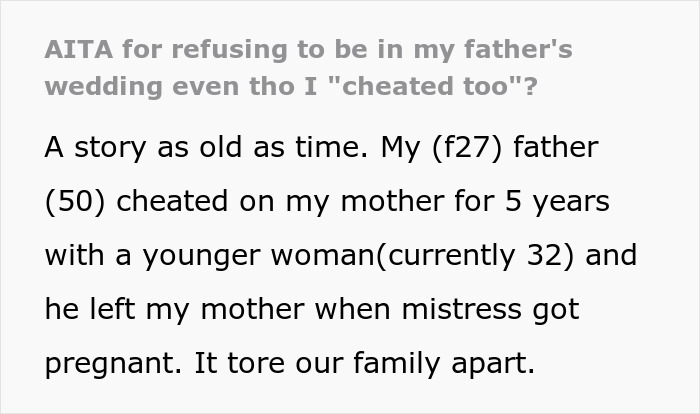 Daughter refuses to support dad and his mistress, declines role as best woman at wedding after family betrayal.