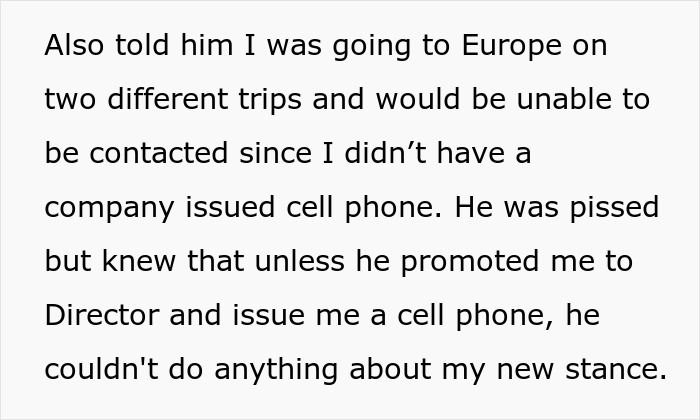 Text excerpt showing an employee explaining his plans and frustrations with lack of promotion and company support.