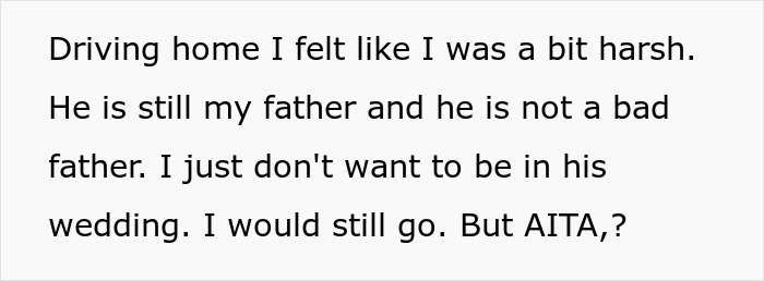 Text excerpt about daughter refusing to be best woman or wedding cheerleader for dad and his mistress.