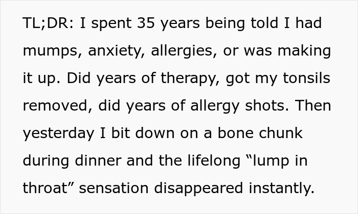 Text describing a man spending 35 years with persistent throat pain before solving his own medical mystery.