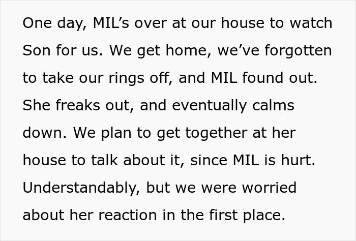 Text excerpt describing a couple shocked by a religious MIL kidnapping their son as revenge for eloping, leading to legal consequences. Text excerpt describing a couple shocked by a religious MIL kidnapping their son as revenge for eloping, leading to legal consequences.