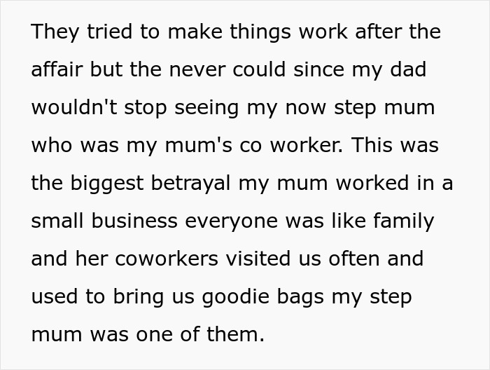 Text describing a difficult embarrassing step mother relationship affair involving betrayal between coworkers and family.