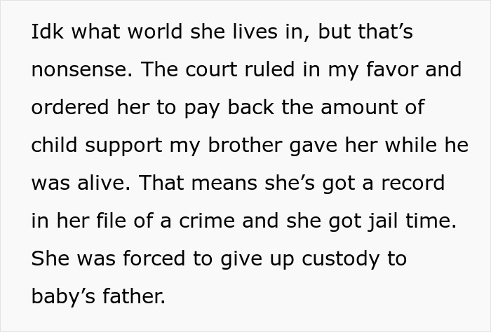 Text about woman discovering her late brother&rsquo;s baby isn&rsquo;t his after testing suspicions, leading to court and custody changes.