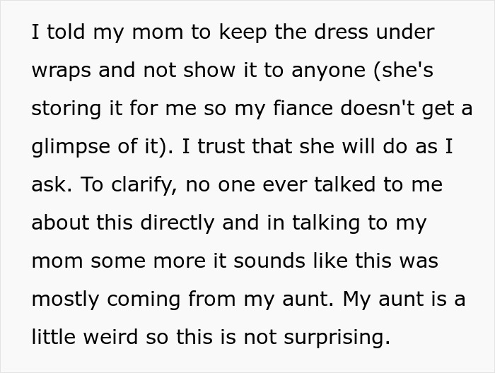 Text excerpt discussing an attention-seeking mom wanting to dress her 3-year-old daughter in the same dress as the bride.