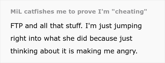 Text excerpt from a story where a MIL catfishes a woman to prove cheating, causing anger and a dramatic backfire.