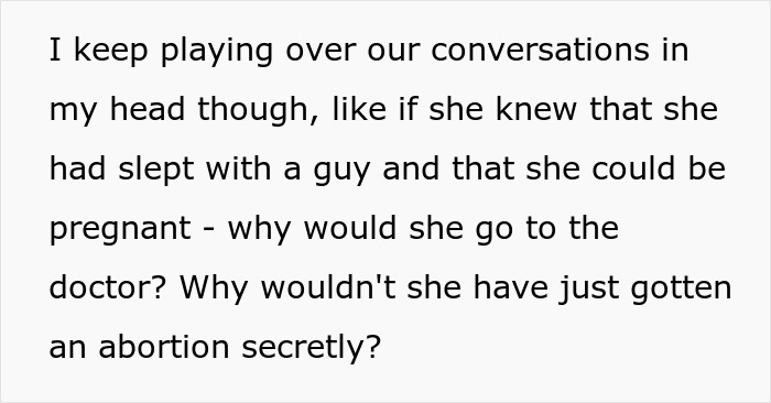 Text showing confusion in a lesbian couple about pregnancy and secret abortion concerns in their relationship.