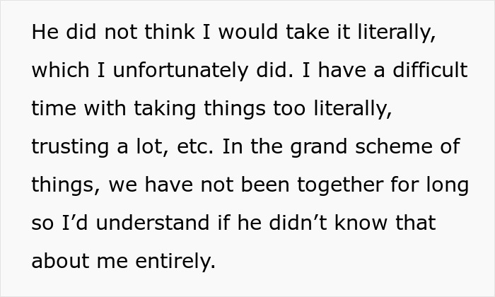 Text excerpt from boyfriend fake proposal love museum story explaining literal misunderstanding in relationship context.