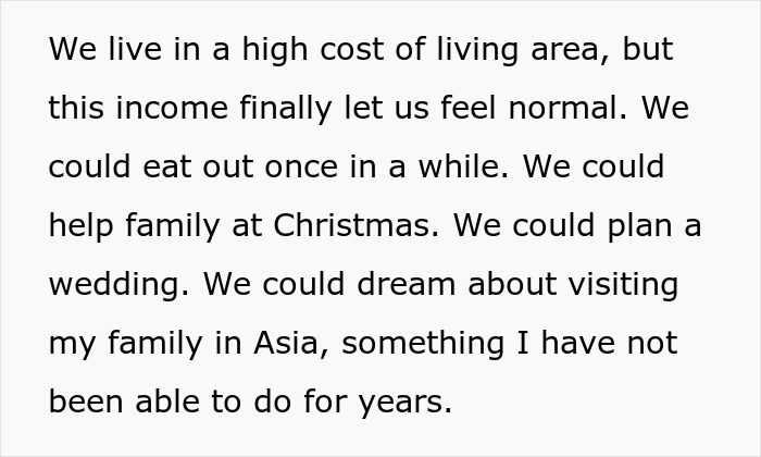Text excerpt about high cost of living affecting plans, highlighting impact of man's $500 insurance hike on fianc&eacute;e's breaking point.