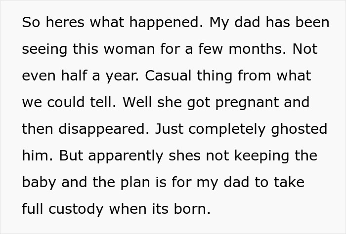 Text excerpt about 50YO dad facing surprise baby news and expected to take full custody after the mother disappeared.