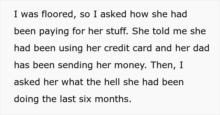 Text excerpt revealing a girlfriend who quit her job but pretended to work for six months.