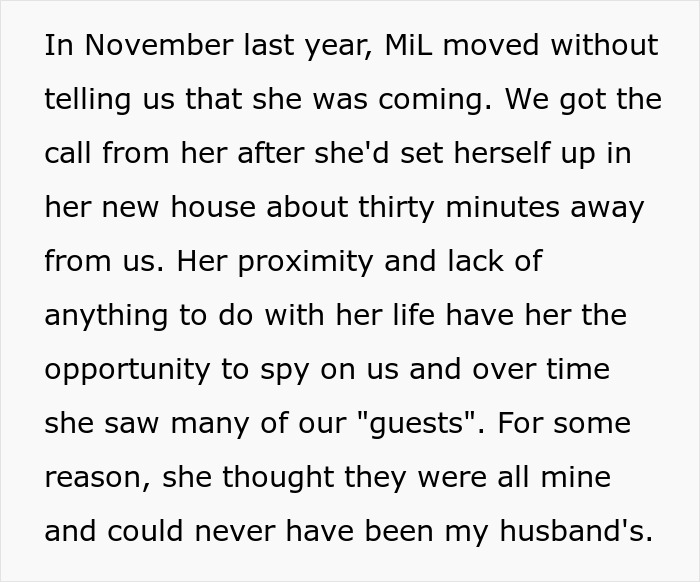 Text excerpt discussing a mother-in-law spying and suspecting her daughter-in-law of cheating, leading to a catfish attempt.