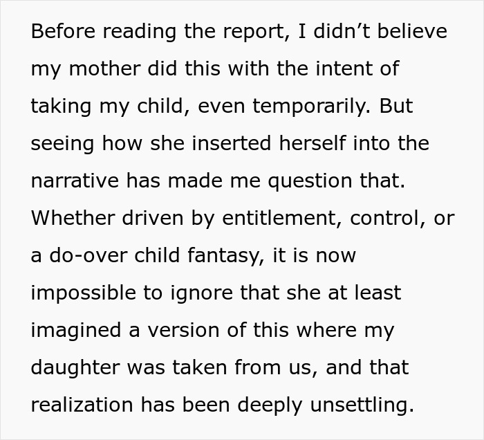 Text discussing a mother’s retaliatory actions impacting postpartum boundaries and the unsettling consequences for a daughter.