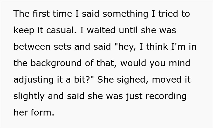 Text excerpt showing a woman rolling her eyes after being called a creep at the gym for filming a guy without permission.