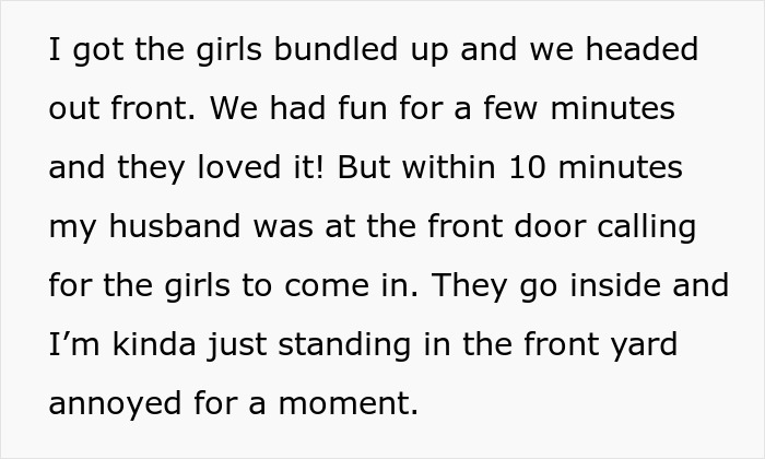 Pregnant wife locked out of house by bossy man in freezing weather, standing and shivering outside the front door.