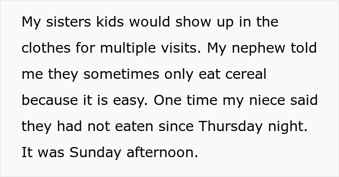 Text excerpt describing neglectful parenting as a sibling reveals children often lack proper food and clothing.