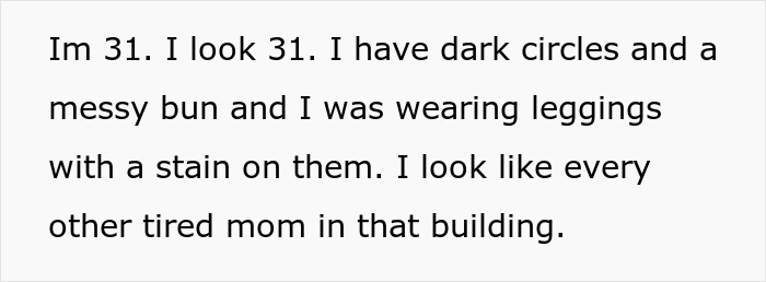 Alt text: Tired mom with dark circles and messy bun describing her appearance at the trampoline park incident with kids.