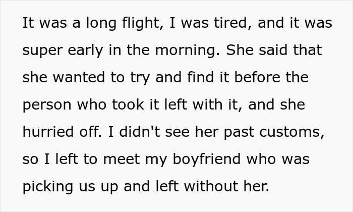 Text excerpt about a woman ditching her friend at the airport after carry-on luggage goes missing and feeling too tired to wait.