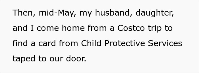 Text excerpt describing a family returning home to find a Child Protective Services card, highlighting postpartum boundaries conflict.