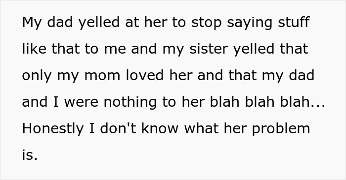 Text excerpt showing a family argument involving a younger sister causing trouble with hurtful comments and conflicts.