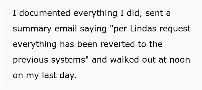 Text on a white background describing an office coordinator documenting actions and following pushy colleague's instructions on last workday.