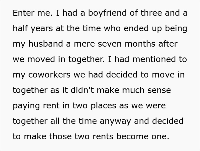 Text excerpt about a woman discussing moving in with her boyfriend and coworker judgments on life choices.