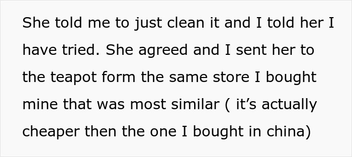 Conversation text about a broken $500 Yixing teapot and arranging to replace it from the same store. Conversation text about a broken $500 Yixing teapot and arranging to replace it from the same store.